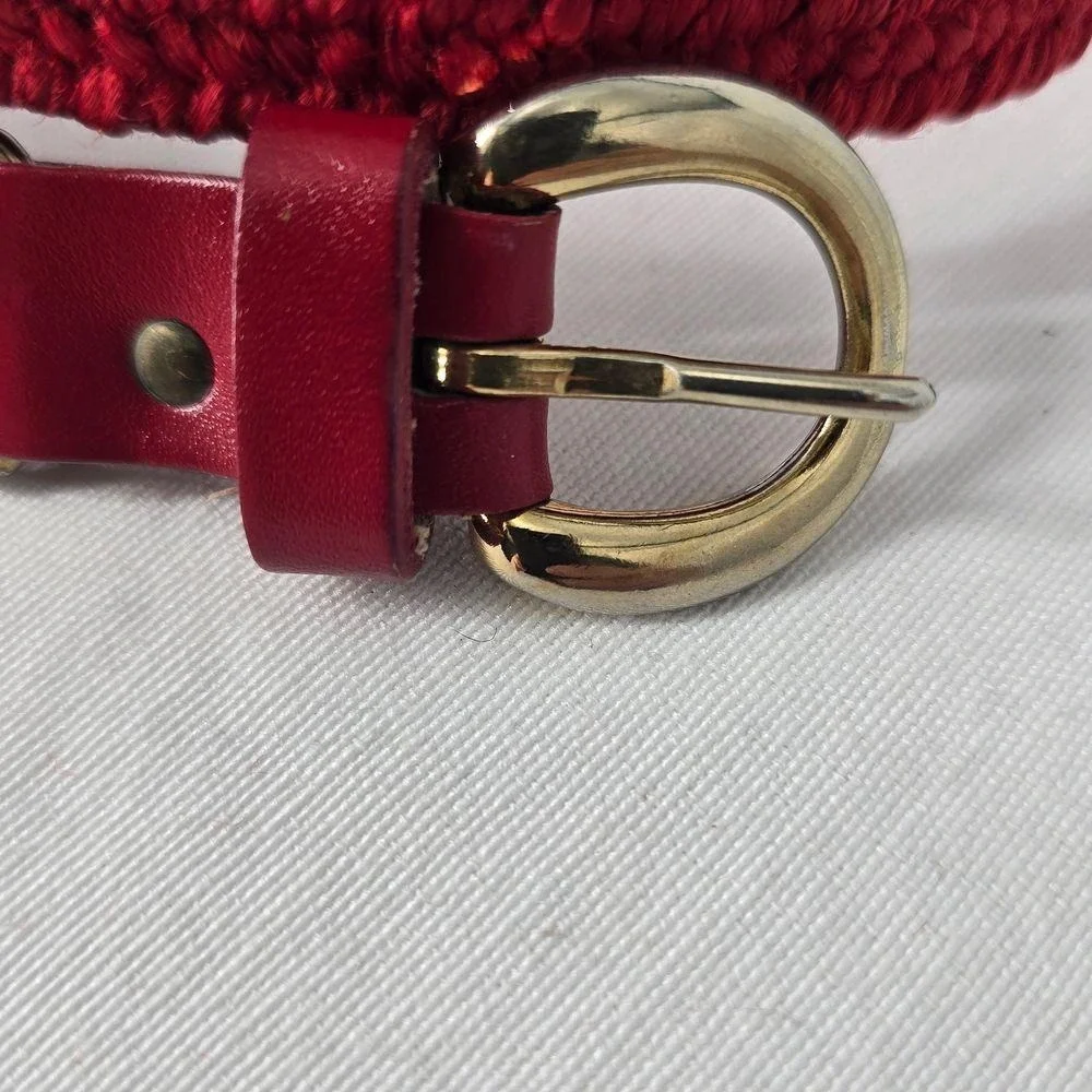 Vintage Red Woven Braided Skinny Belt Gold Horseshoe Buckle Adjustable Cinch‎
